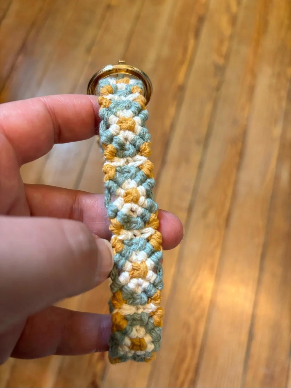 Handmade Macrame Dog Collar, Gold Hardware - Yellow & Light Blue with Daisies